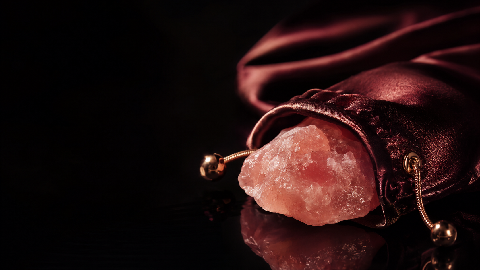 Raw pink salt crystal emerging from a black-cherry satin pouch on reflective dark surface