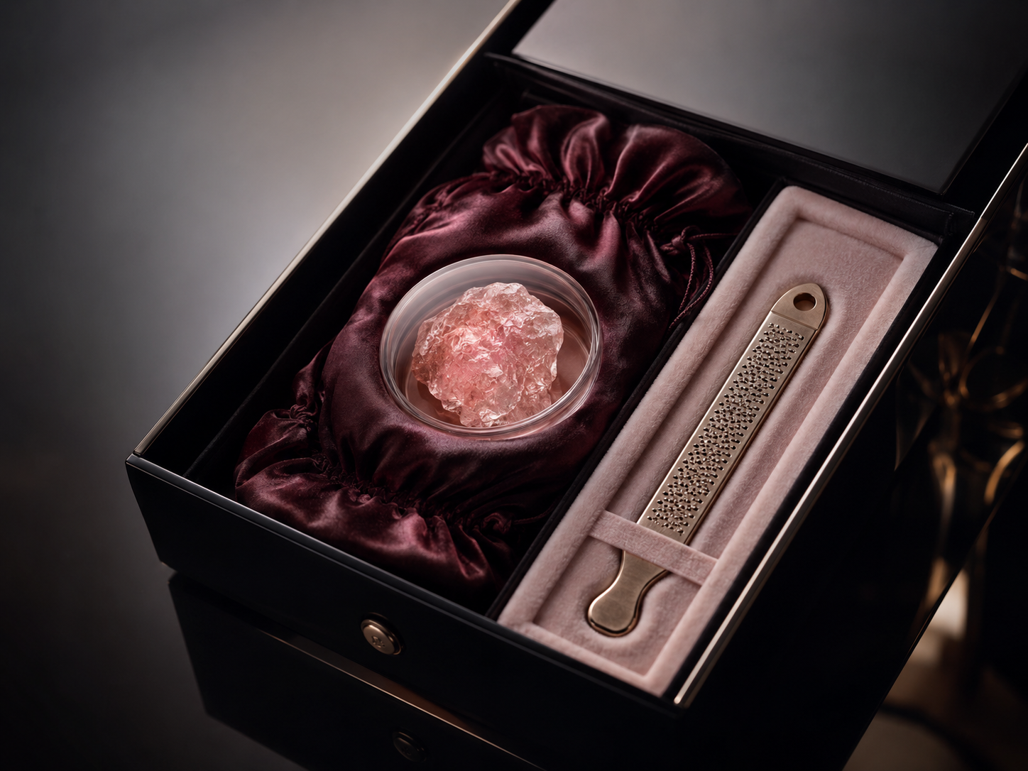 Black lacquer case with pink salt crystal on black-cherry satin beside a champagne-metal grater