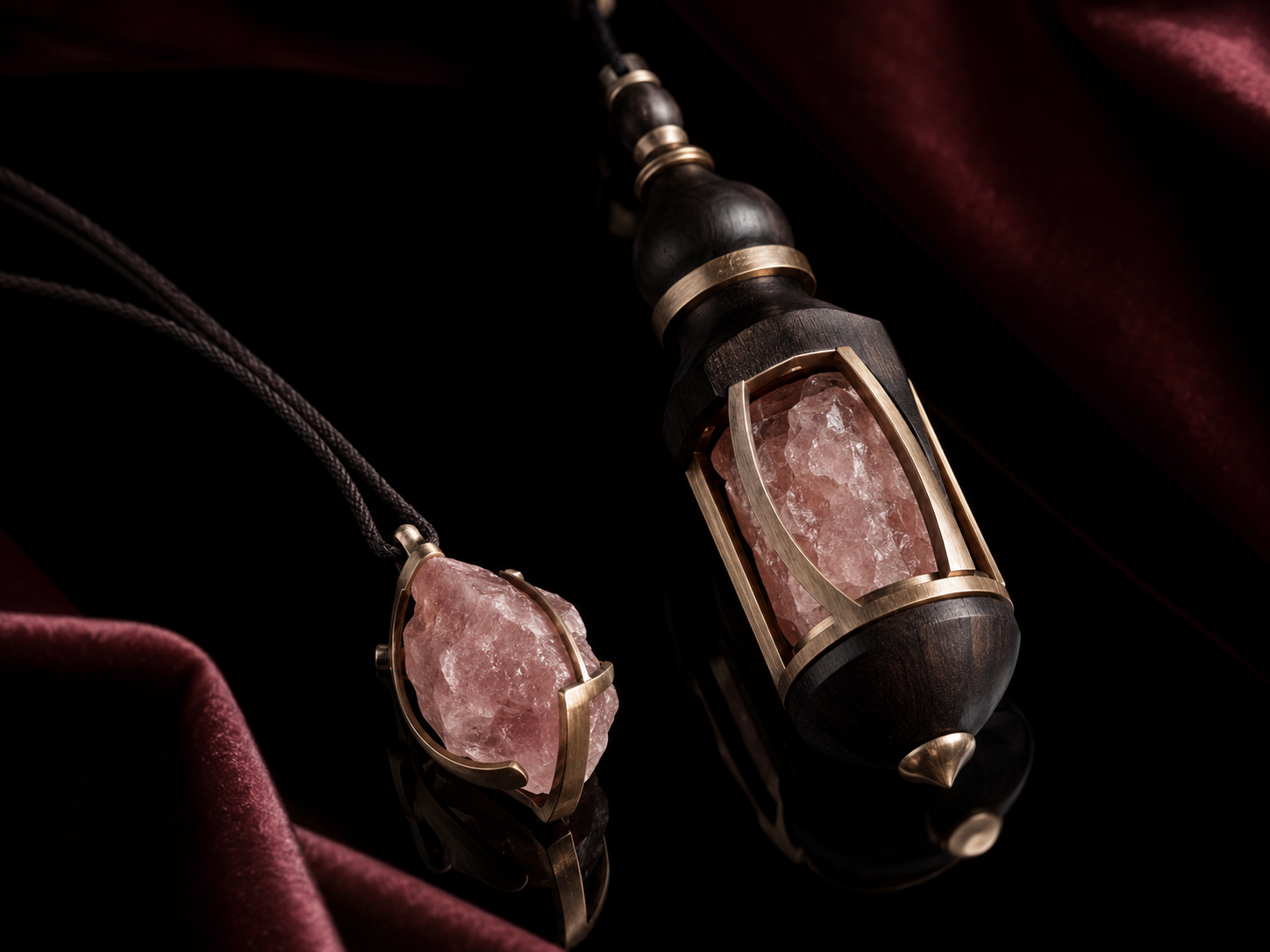 Pendant-focused crop of pink salt objects on black-cherry velvet
