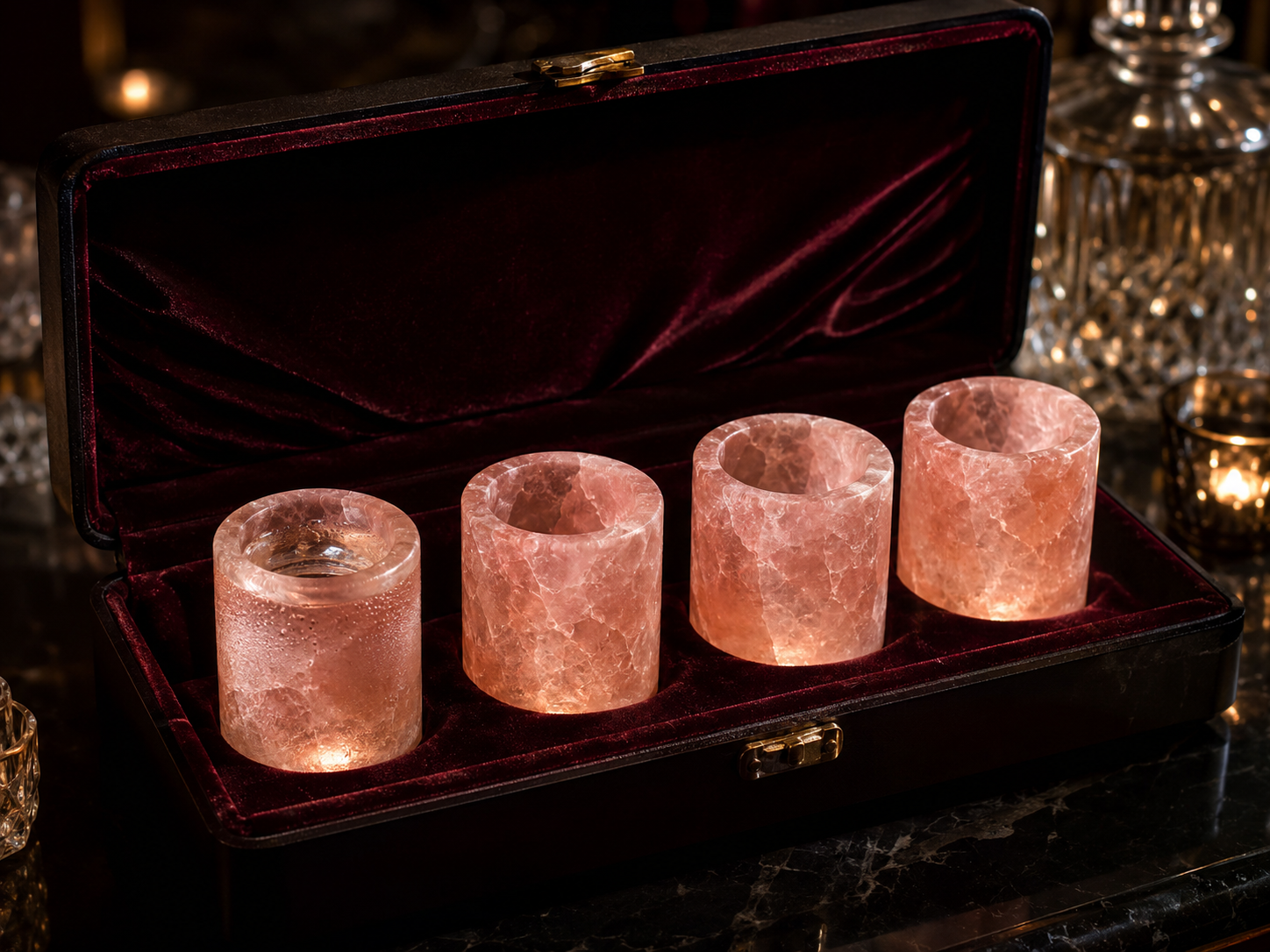 Four pink salt shot glasses nestled in a black-cherry velvet presentation case